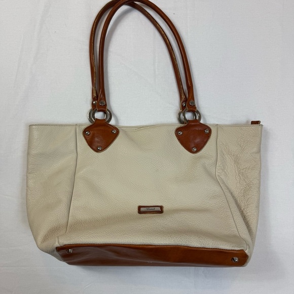 Cristina Made in Italy Genuine Leather Cream and Brown Tote Bag - Picture 1 of 16